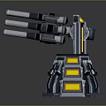 Futuristic Mechanical Turret With Multiple Barrels And Metallic Blue Yellow Details
