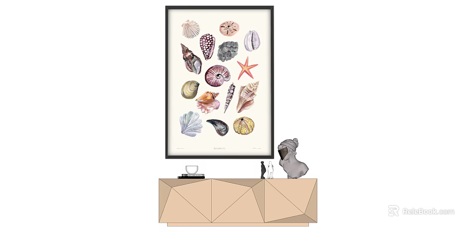 Framed Seashell And Starfish Artwork With Decorative Dog Figurine On Geometric Cabinet 3d model 