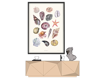 Framed Seashell And Starfish Artwork With Decorative Dog Figurine On Geometric Cabinet 3d model