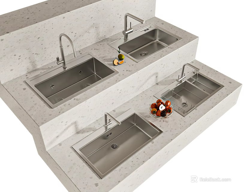 Modern Kitchen Sinks On Stone Countertop With Sleek Faucets And Fresh Fruits Placed 3d model 