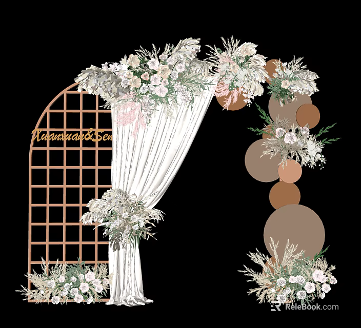 Romantic Floral Reception Bar Arch With White Drapery Wooden Lattice And Pink Flowers 3d model 