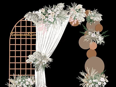 Romantic Floral Reception Bar Arch With White Drapery Wooden Lattice And Pink Flowers 3d model