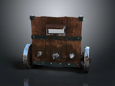 Ancient Medieval Siege Weapon Cart with Wooden Body Wheels and Metal Bands 3d model