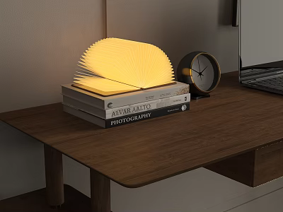 Decorative Ornament Set With Fan Shaped Lamp Alarm Clock And Books On Wooden Table 3d model