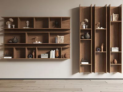 Modern Wooden Shelving Units With Decorative Items In Minimalist Interior Design 3d model