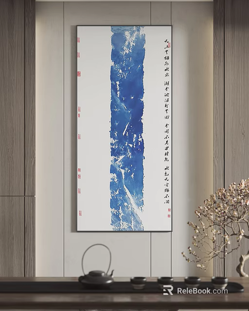 Chinese Calligraphy Painting With Blue Abstract Design Vertical Script Wooden Wall 3d model
