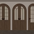 Three Wooden Hinged Doors With Arched Top Glass Panes And Metal Handles