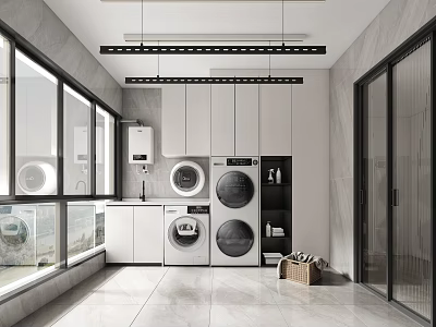 Modern Home Balcony Laundry Space With Washing Machine Dryer White Cabinets And Large Windows 3d model