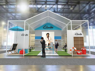 Chusco Exhibition Booth With White Structure Blue Elements Green Lawn And People 3d model