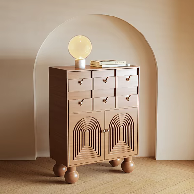 Modern Wooden Entryway Cabinet Sideboard With Drawers Arched Doors Round Legs And Lamp 3d model
