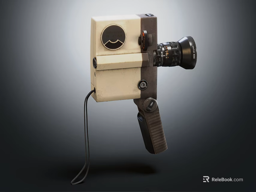 Retro Beige And Black Digital Camera With Lens And Hanging Strap 3d model 