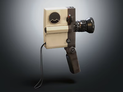 Retro Beige And Black Digital Camera With Lens And Hanging Strap 3d model