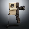 Retro Beige And Black Digital Camera With Lens And Hanging Strap