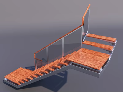 Modern Stylish Staircase Design With Wooden Treads Glass Railing And Metal Frame 3d model