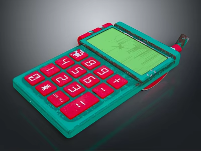 Retro Calculator With Teal Body Red Buttons And Green Screen Design 3d model