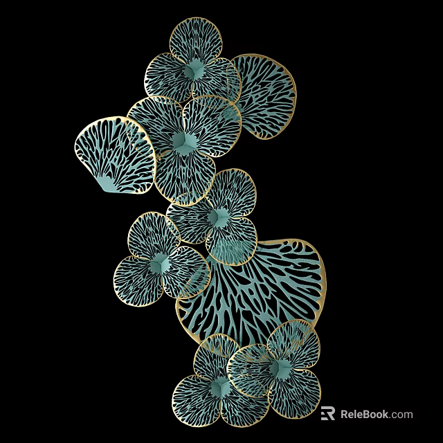 Teal Leaf Shaped Wall Decor With Golden Border And Intricate Patterns 3d model