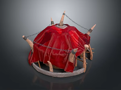 Modern Red Canopy Structure Featuring Spikes Chains And Circular Wooden Frame 3d model