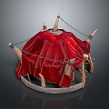 Modern Red Canopy Structure Featuring Spikes Chains And Circular Wooden Frame