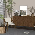 Modern Leisure Chair With Wooden Frame In Indoor Living Room With Plants Cabinet And Lamp