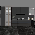 Modern Kitchen Interior With Dark Cabinets Marble Floor Under Cabinet Lighting Oven And Potted Plant