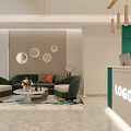 Modern Beauty Hair Salon Reception Area With Green Front Desk Comfortable Sofas And Hanging Chandeliers