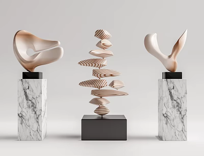 Modern Artistic Sculpture Carvings with Curved Shapes And Stacked Layers on Marble Bases 3d model