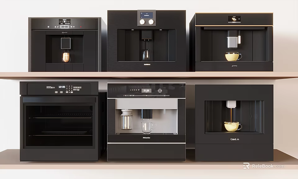 Black Daily Electrical Appliances Including Coffee Machines And Ovens Neatly Arranged On Shelves 3d model 