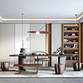 Elegant Tea Room Interior With Wooden Shelves Tea Sets Round Pendant Light And Long Table
