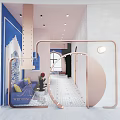 Wedding Venue Decor With Blue Wall Pink Arches Sofa And Potted Plant