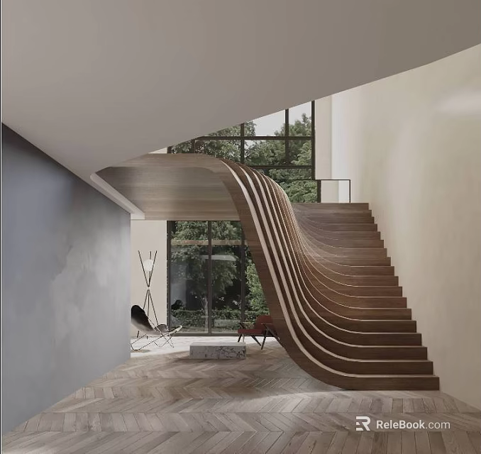 Modern Spacious Duplex Living Room Interior Design with Curved Wooden Staircase Large Windows Natural Light 3d model 