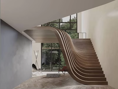 Modern Spacious Duplex Living Room Interior Design with Curved Wooden Staircase Large Windows Natural Light 3d model