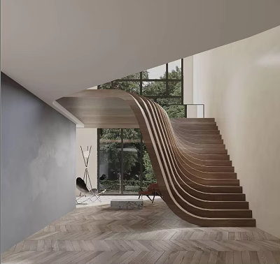 Modern Spacious Duplex Living Room Interior Design with Curved Wooden Staircase Large Windows Natural Light 3d model