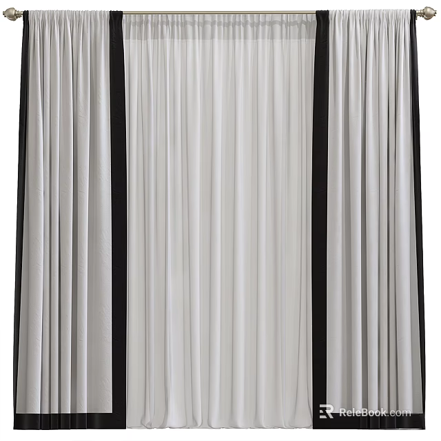 White Curtains with Black Vertical Stripes and Elegant Pleated Design 3d model 