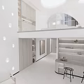 Modern Minimalist Living and Dining Room With White Sofa Dining Table Chairs Archway and Staircase