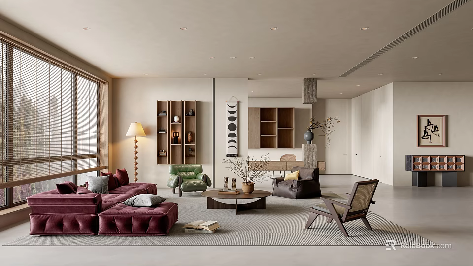 Modern Living and Dining Room Interior With Maroon Sofa Green Armchair and Coffee Table 3d model 