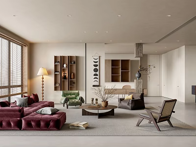 Modern Living and Dining Room Interior With Maroon Sofa Green Armchair and Coffee Table 3d model