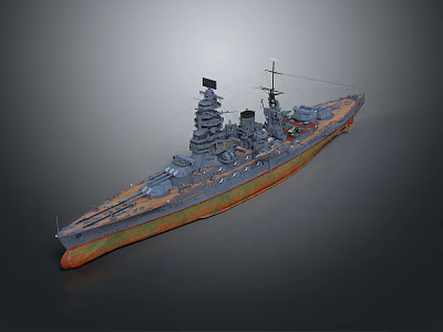 Historical Battleship Warship 3D Model With Dark Blue Hull Orange Bottom Superstructure Turret Mast 3d model