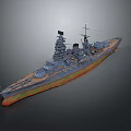 Historical Battleship Warship 3D Model With Dark Blue Hull Orange Bottom Superstructure Turret Mast