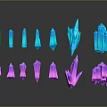 Blue and Purple Crystal Decorative Ornament Set with Columnar Polyhedral Shapes on Black Background Reflections