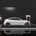 Display Shelf Featuring White Toyota Car And Female Figure Standing Nearby