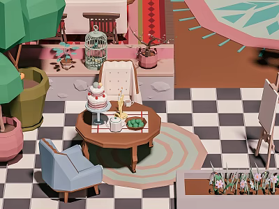 Cartoon Interior Scene With Table Cake Birdcage Chairs Checkerboard Floor Potted Plants And Colorful Rug 3d model