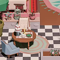 Cartoon Interior Scene With Table Cake Birdcage Chairs Checkerboard Floor Potted Plants And Colorful Rug
