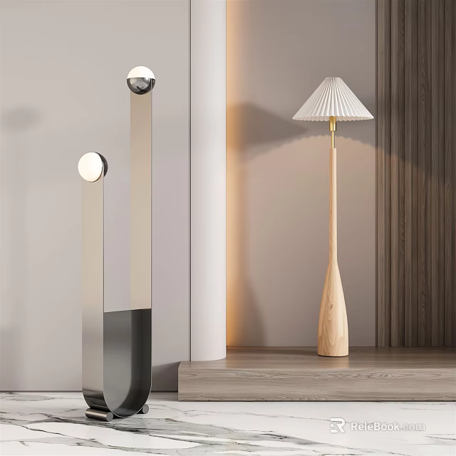 Modern Floor Lamps Featuring Metal And Wooden Bases With Spherical And Pleated Shades 3d model 