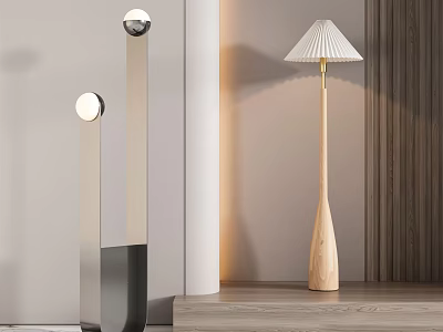 Modern Floor Lamps Featuring Metal And Wooden Bases With Spherical And Pleated Shades 3d model