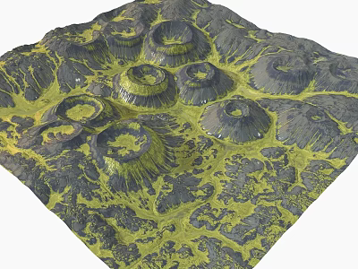 3D Volcanic Terrain Model With Green Yellow Textures And Mountainous Landforms 3d model