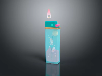 Transparent Lighter With Floral Pattern Turquoise Lid Pink Button And Lit Flame Design 3d model