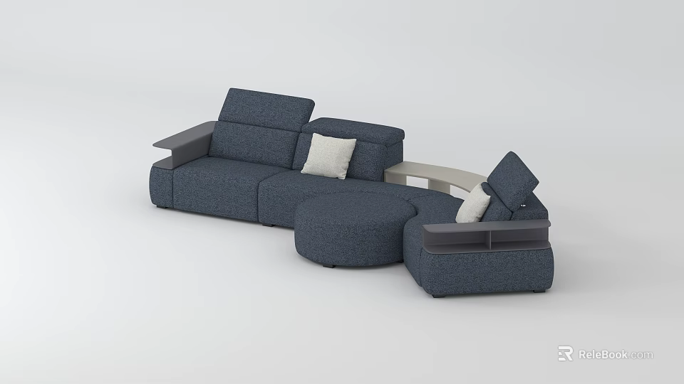 Modern L Shaped Deep Blue Sofa Set With White Cushions And Gray Armrests 3d model