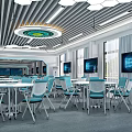 Modern School Smart Classroom With Movable Blue Chairs White Tables And Multiple Screens