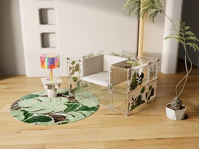 Accent Chair With Transparent Frame Leaf Pattern Light Cushion On Wooden Floor And Leaf Rug 3d model