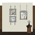 Abstract Paintings Framed Artwork Hanging on Wall in Modern Interior with Lamp and Wooden Table